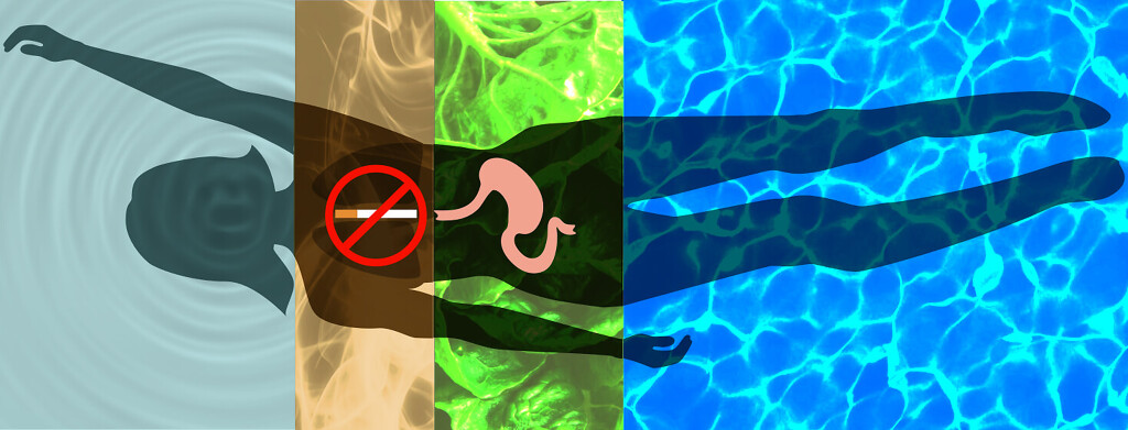 The silhouette of a woman is divided into 4 sections. Her head is meditating. The lungs have a no smoking sign on them. The stomach is surrounded by green leaves and the legs are swimming in pool water.