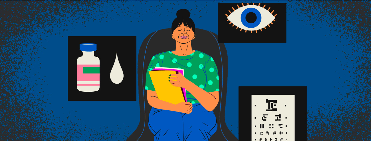 A woman is sitting holding paperwork in an exam chair. Around her are floating images of an eye chart, a vial with a drop of liquid, and an eyeball.