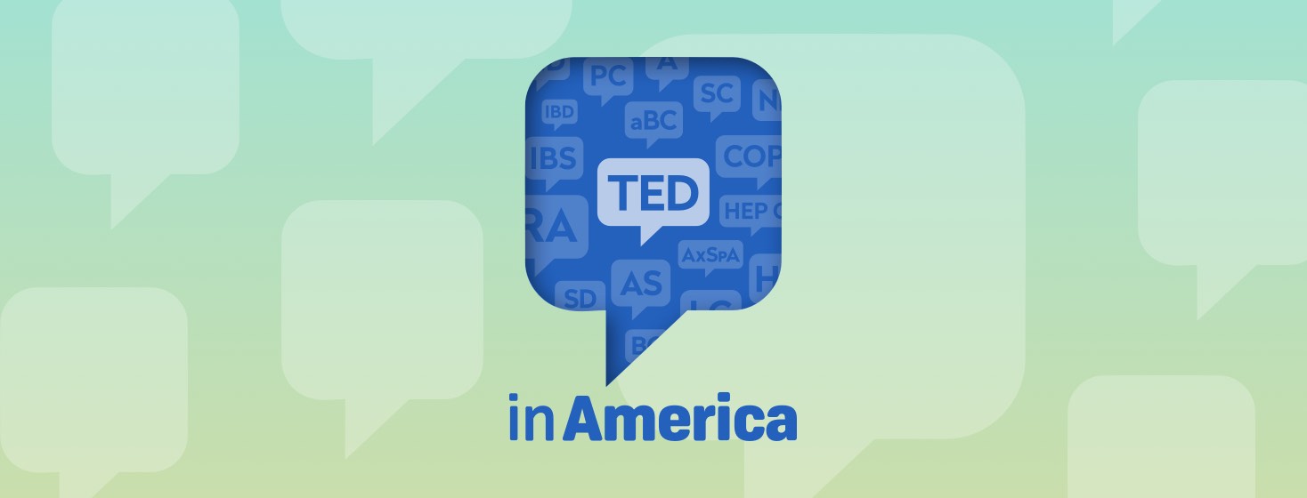 A speech bubble highlighting the TED logo above the words In America, surrounded by a fainter word cloud of logos for other Health Union websites.