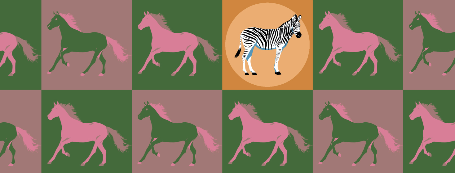 A pattern of horses is interrupted once by a zebra on a square of brighter colors.