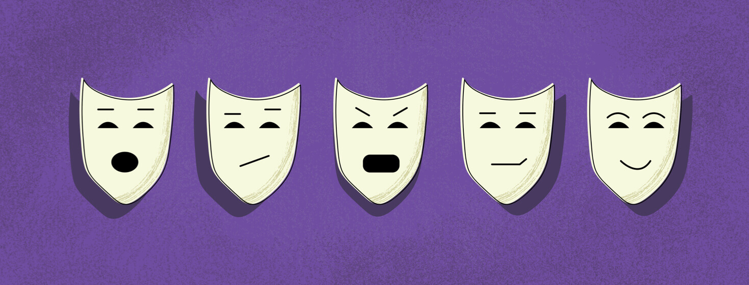 Five drama masks in a line, each showing a different emotion.
