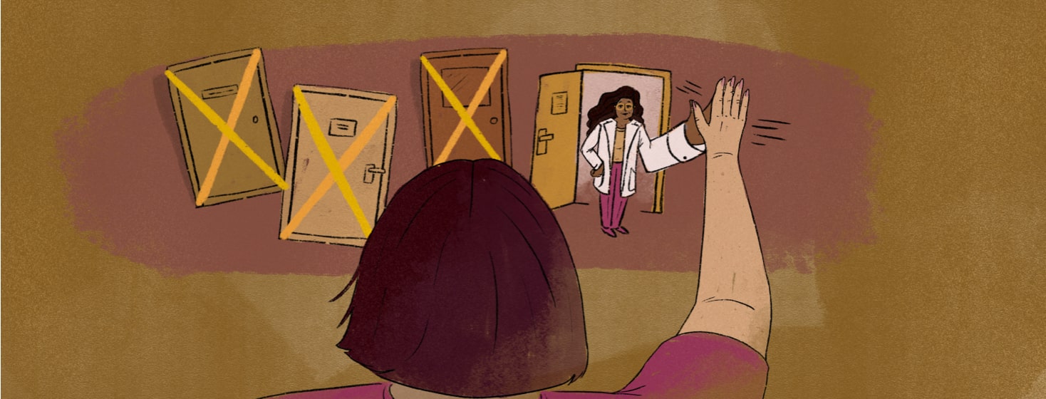 Person high-fiving a doctor with several doors crossed out to the side