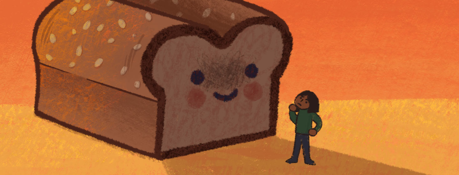 A giant loaf of bread menacingly smiles and casts a show on a person standing next to it. Person is looking up at the loaf and contemplating whether it poses a threat or not. BIPOC, adult female.