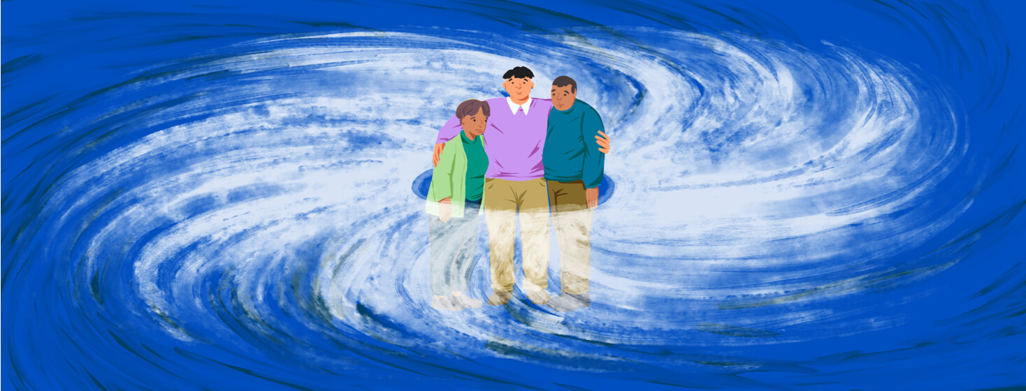 An adult son stands with his arms around his parents as a hurricane swirls around them.