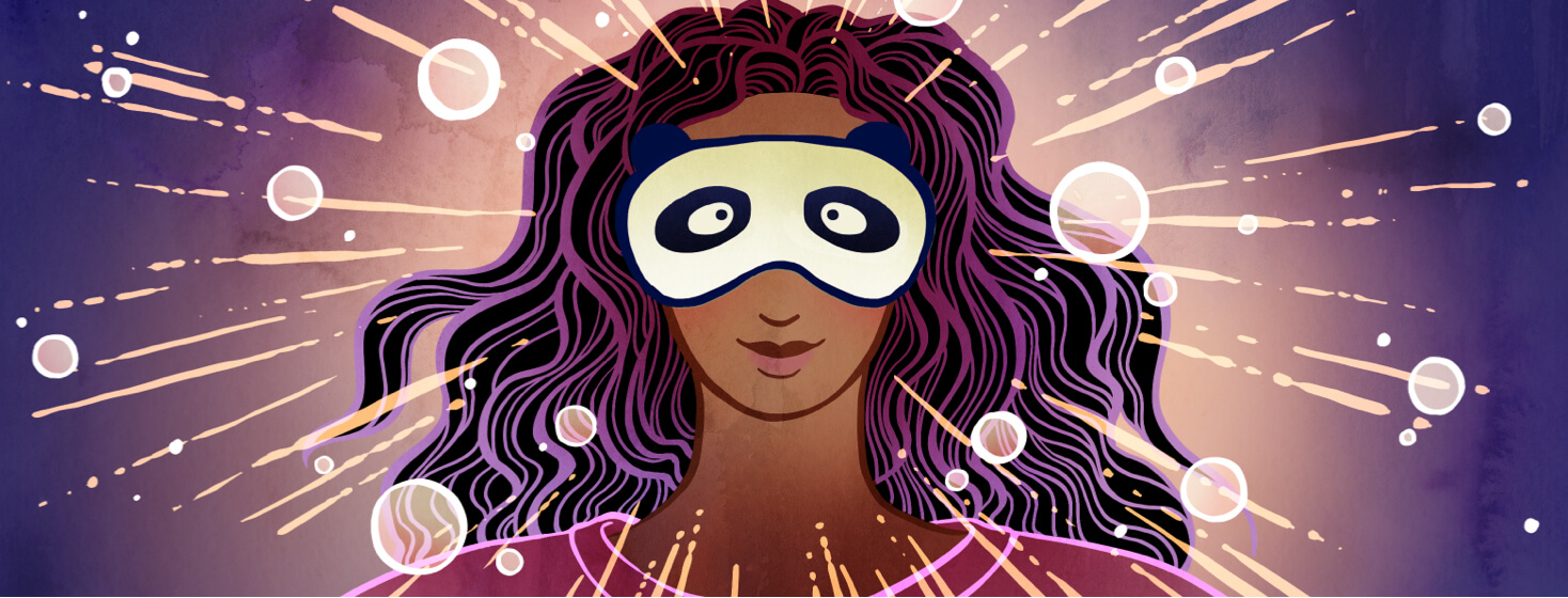 Sparkles and rays of light radiate from a smiling woman wearing a panda eye mask.