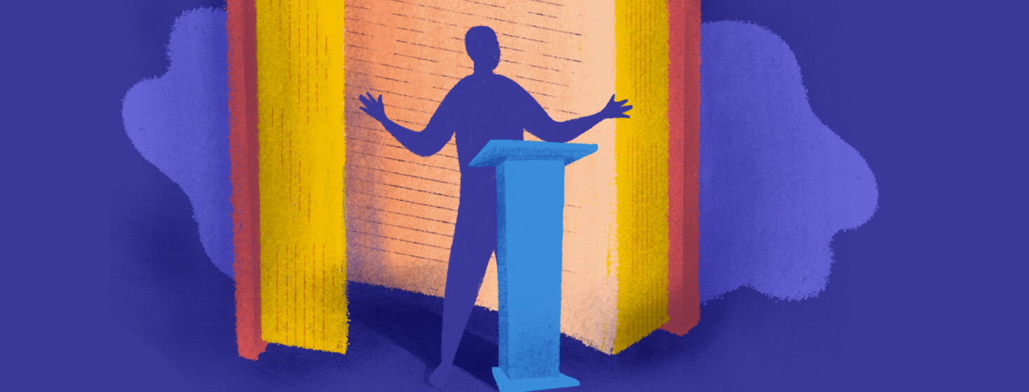 A person stepping out of a larger-than-life open book to speak at a podium.