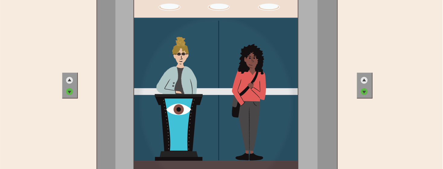 Two people are standing in an elevator, one is behind a podium with an eyeball on it.