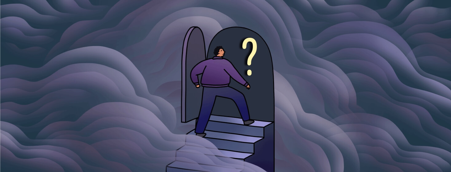 Surrounded by clouds, a person walks through a doorway with a large question mark.