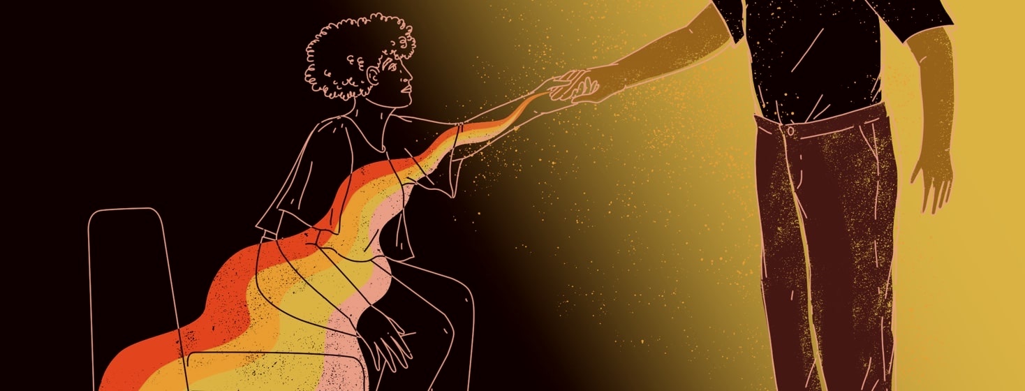 A woman only shown in outline against a dark background is helped up from a seated position by a person offering her a hand. The hand also gives off a glow that fills the woman with positive light.