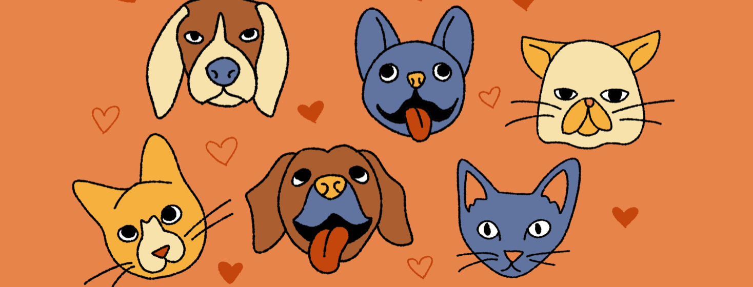 A group of cat and dog faces surrounded by hearts.
