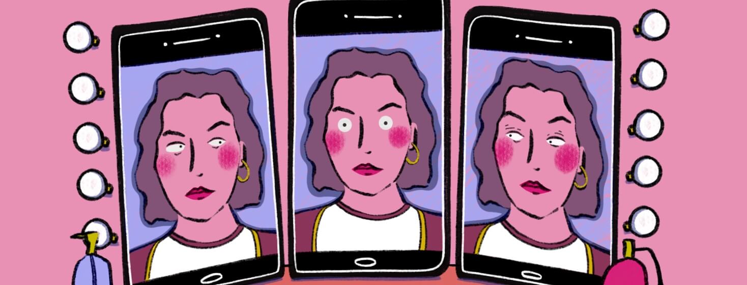 A woman is looking in 3 different phones as if it was a vanity mirror. Her eyes are wide in the middle.