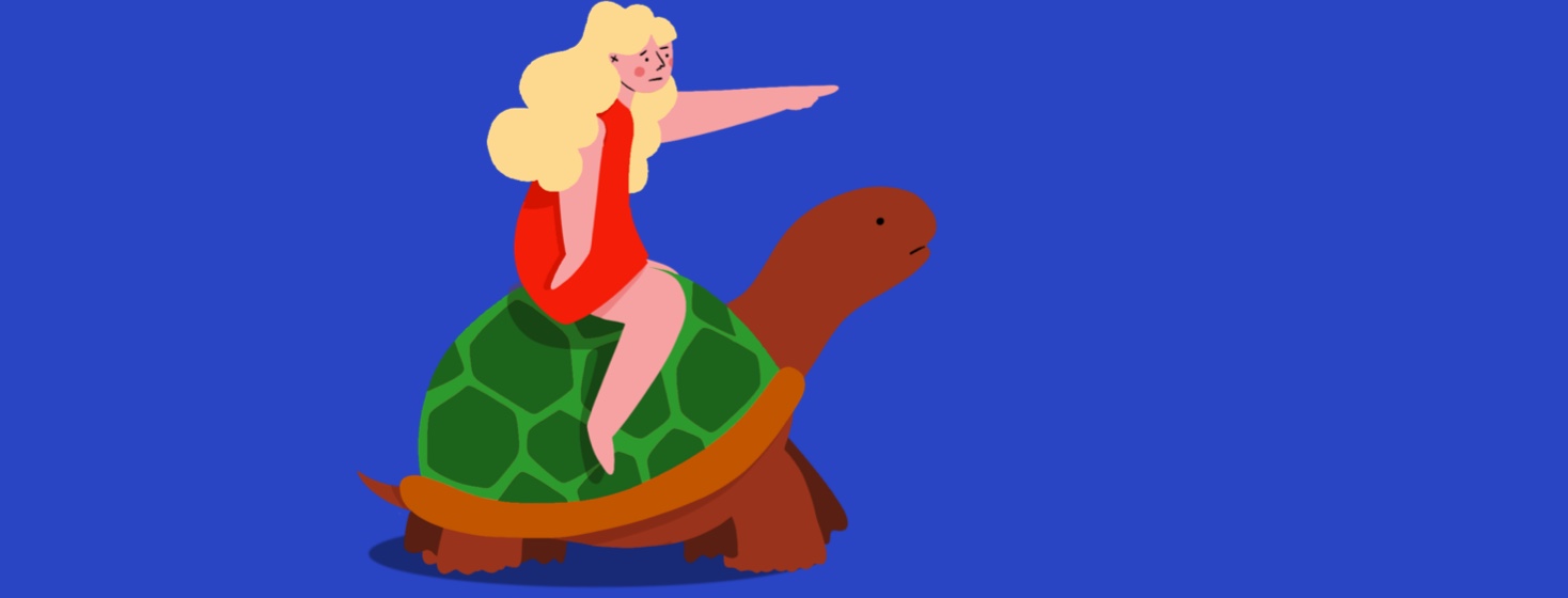 A girl sits atop a slow moving turtle pointing hastily forward.