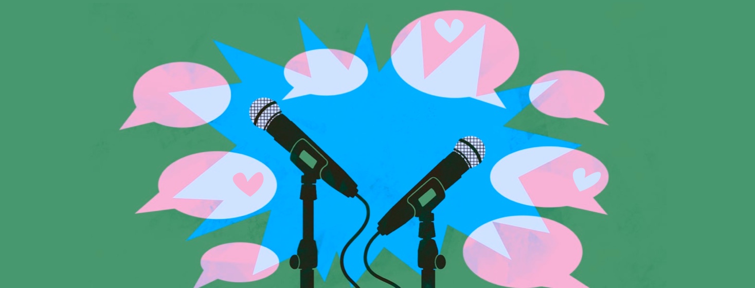 Microphones set up for an event, surrounded by speech bubbles.
