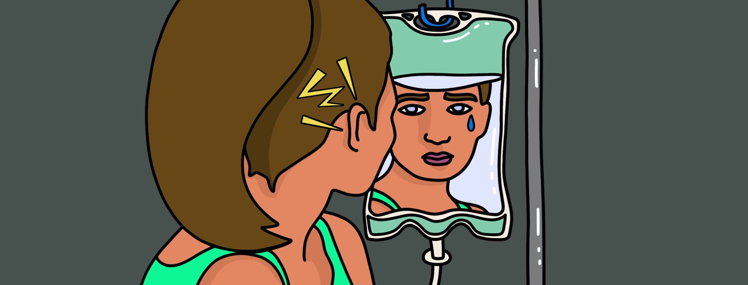 A woman looks into an infusion bag as it empties into her. There is pain radiating out of her ear and her reflection shows a tear streaming down her face.