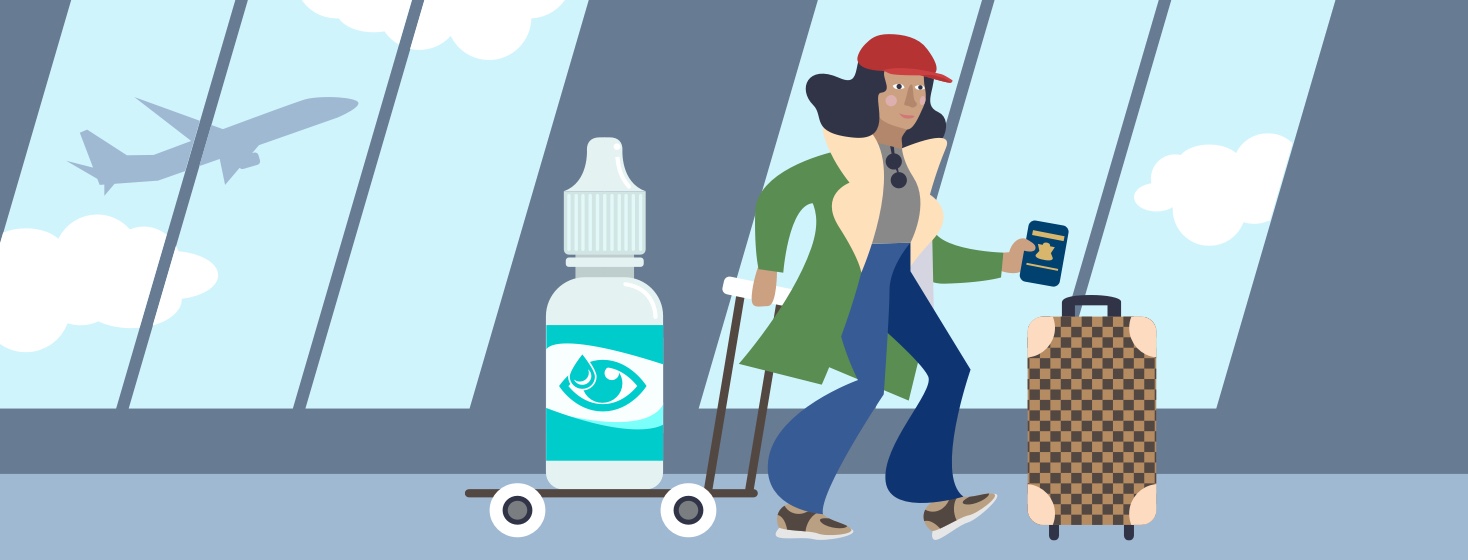 A person is prepared to fly alone with a large eye drop bottle.