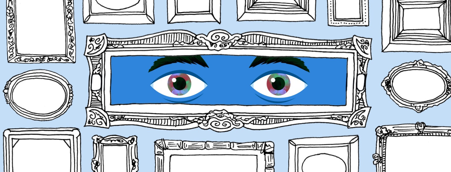 A collection of mirrors hang on a wall. The largest one shows a close-up pair of eyes.