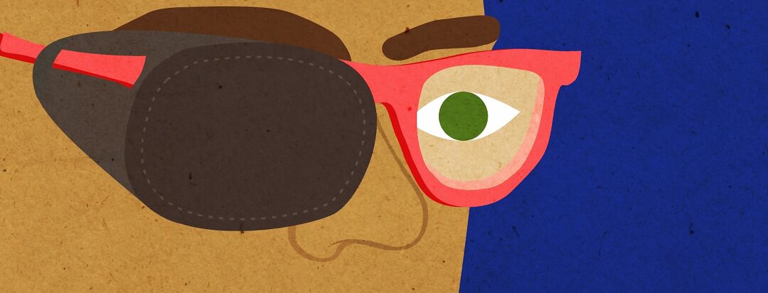 A glasses wearer with a cloth eyepatch over one of their lenses.