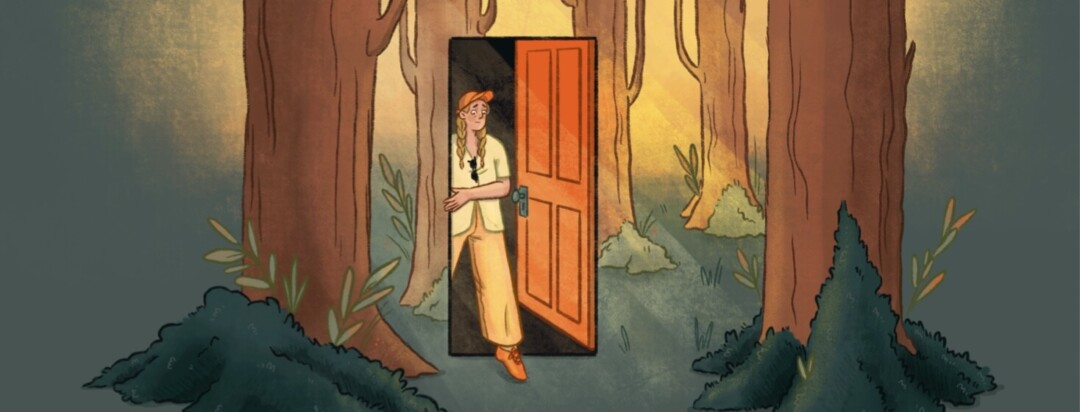 A woman is exiting a door in the middle of a shady forest. There is sunlight shining through the trees.