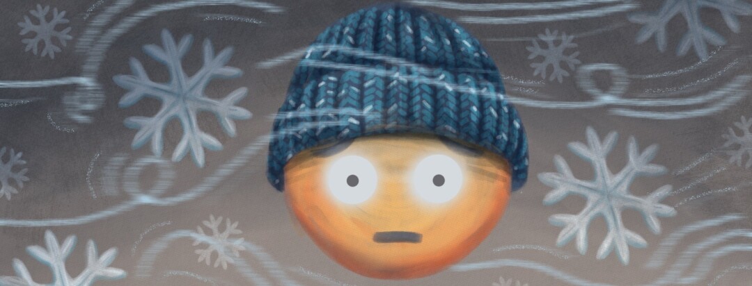 A wide eyed emoji face wearing a blue knit cap floats in front of snowflakes while the wind whips around them.