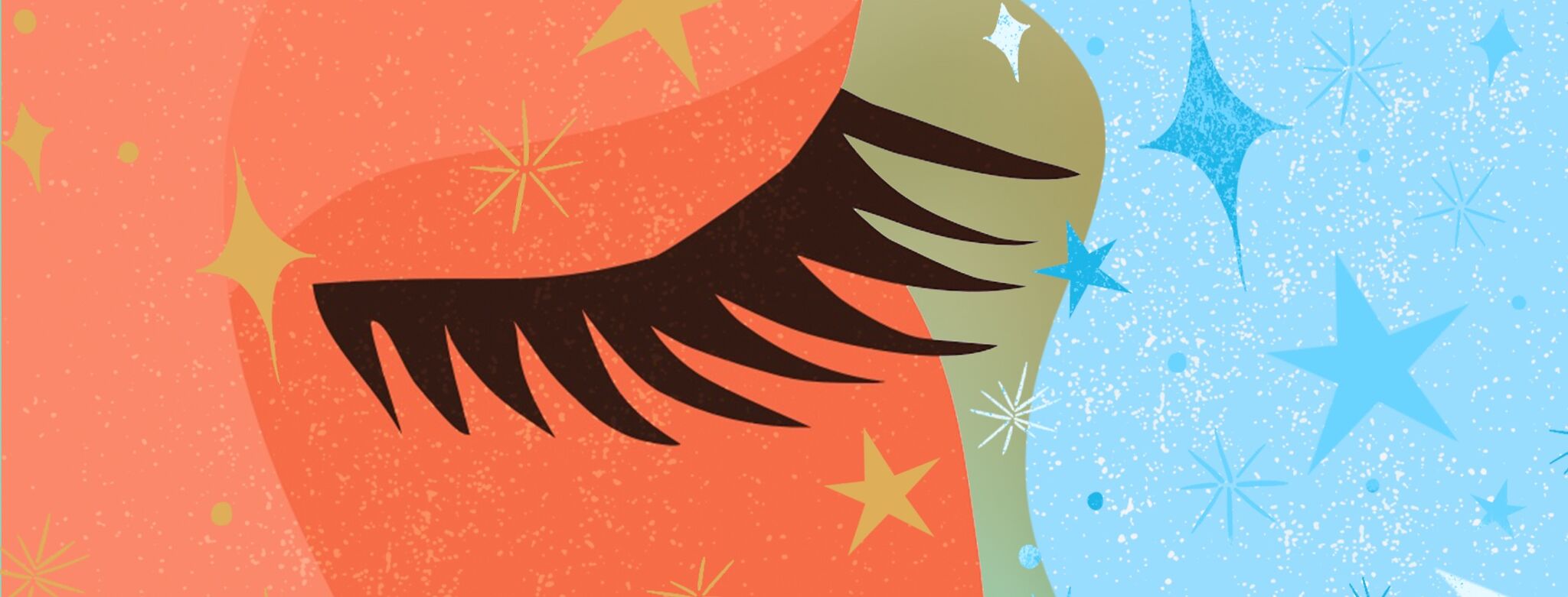 Illustration of a closed eye with long, dark eyelashes against a starry orange and blue background, symbolizing beauty considerations for Thyroid Eye Disease (TED) and eyelash extensions.