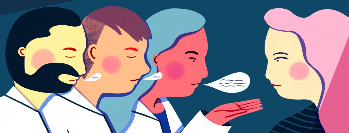 Three doctors are giving their opinion to a patient. Two of them have their eyes closed while one one doctor is looking and paying attention.