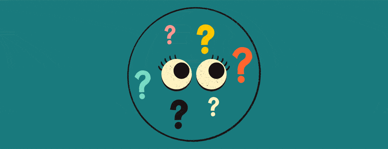 A pair of blinking eyes are in the middle of a circle, which contains wiggly question marks.