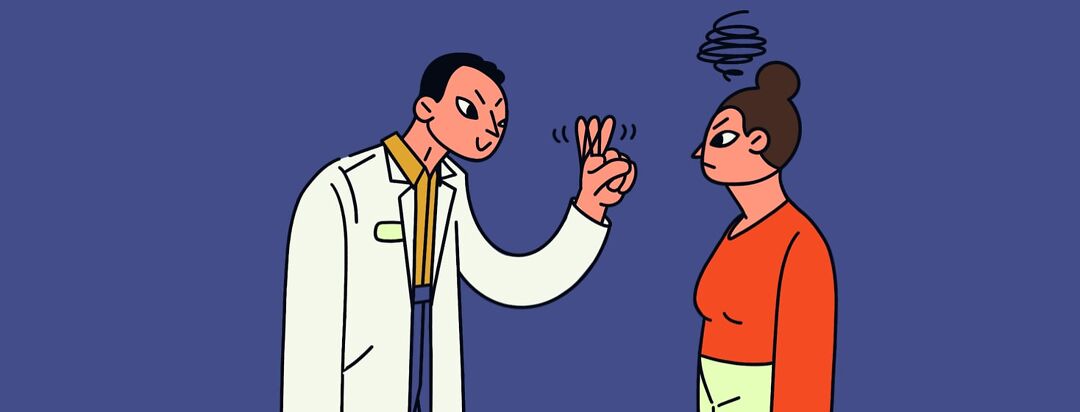 A doctor is gaslighting an upset patient by wagging his finger in her face and not listening.