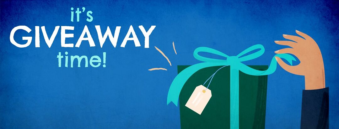 A hand is reaching up and pulling on a ribbon on a gift box. The words say, "It's time for a giveaway!"