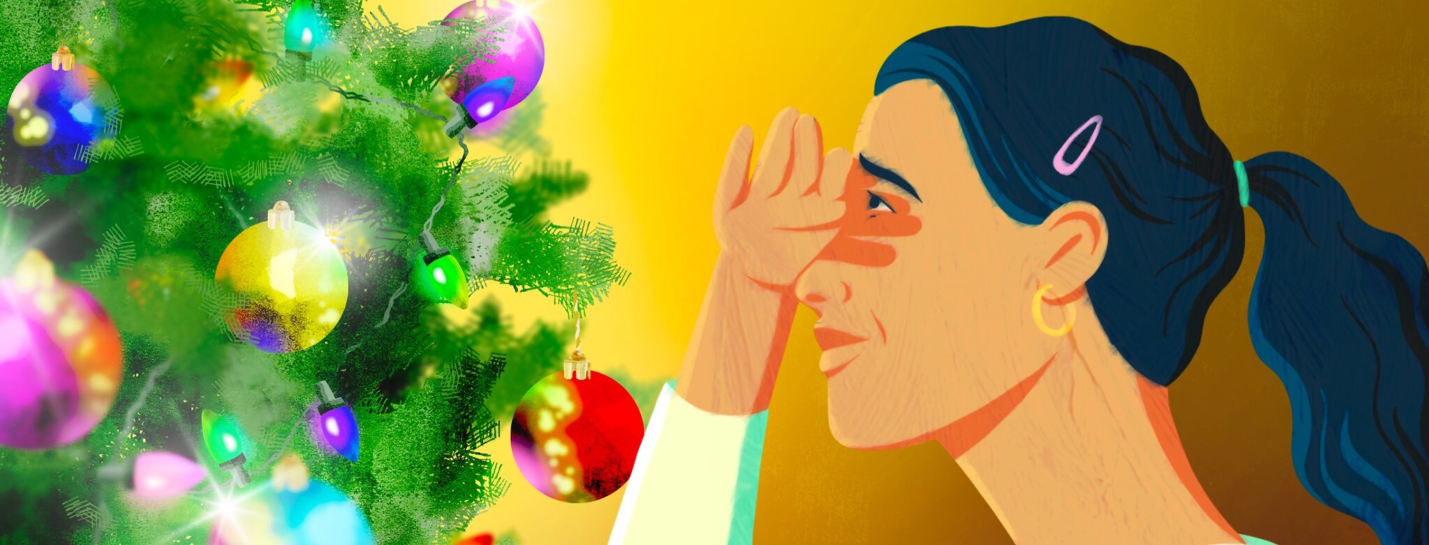 Illustration of a woman shielding her eyes from the bright lights of a decorated Christmas tree, symbolizing holiday stress and sensitivity to light.