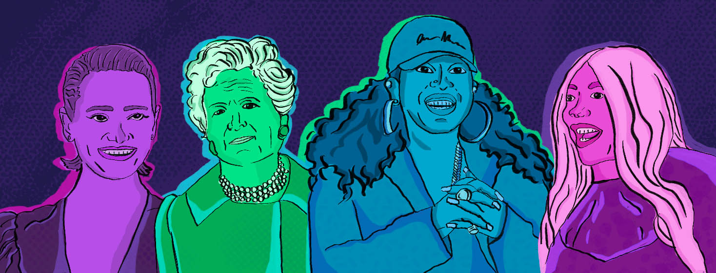 A colorful and hyperstylized illustration of Missy Elliot, Wendy Williams, Daisy Ridley, and Barbara Bush.