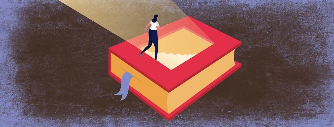 a woman walks into a book that has stairs leading into it, education, knowledge, journey, learning, teaching female Adult