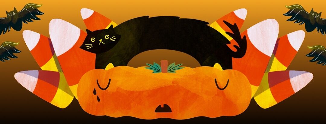 spooky items, halloween, black cat, jack-o-lantern, pumpkin, bats